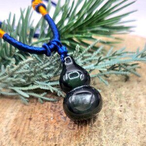 Nature Obsidian Carved Cat Eye Flash Blessing Gourd Pendant Necklace